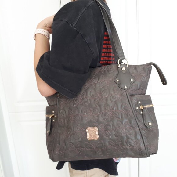 Anna Sui BUtterfly Embossed Leather Satchel Shoulder Bag Dark Brown - Picture 4 of 5